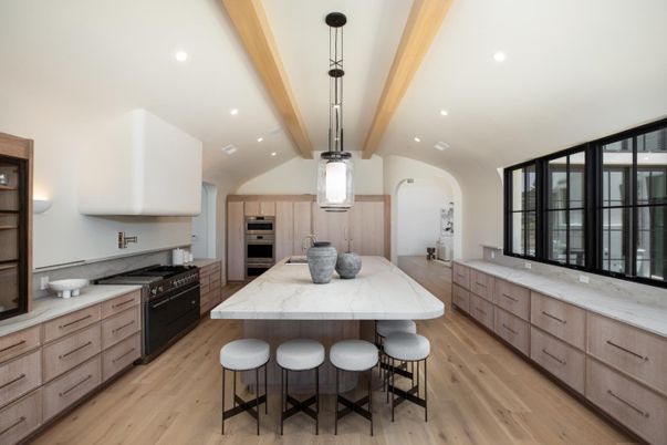 Interior, Kitchen, Pendant Lights, Recessed Lighting, Stainless Steel Appliances, Wooden Beams, Wood Texture Flooring