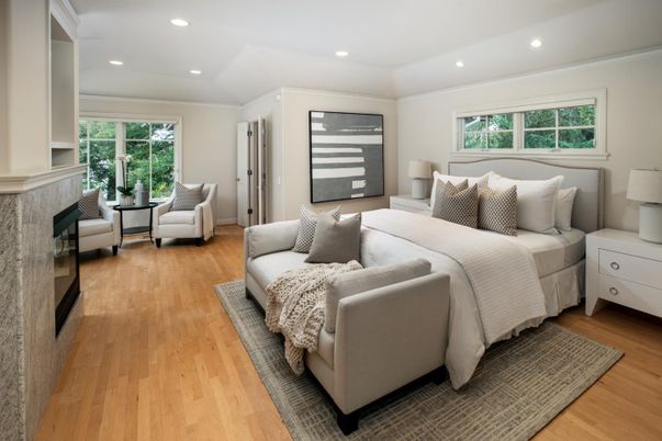 Bedroom, Fireplace, Interior, Living room, Recessed Lighting, Wood Texture Flooring