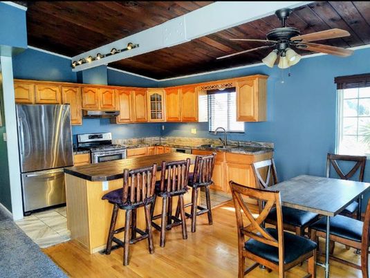 Dining room, Interior, Kitchen, Stainless Steel Appliances, Wooden Ceilings, Wood Texture Flooring