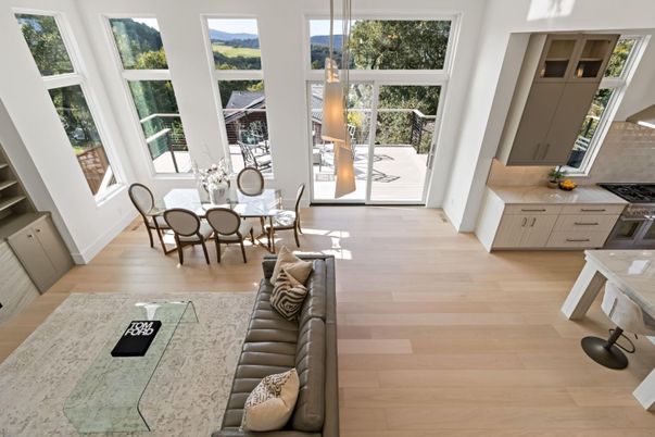 Dining room, Interior, Pendant Lights, Wood Texture Flooring