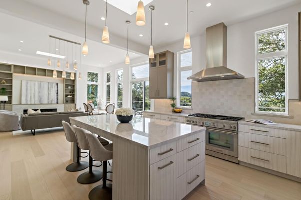 Interior, Kitchen, Living room, Pendant Lights, Recessed Lighting, Stainless Steel Appliances, Wood Texture Flooring