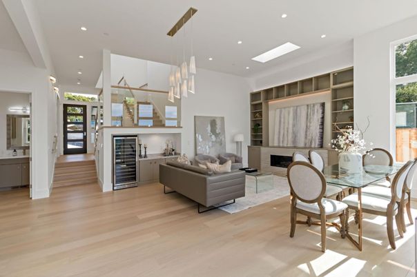 Dining room, Fireplace, Interior, Living room, Pendant Lights, Recessed Lighting, Wood Texture Flooring