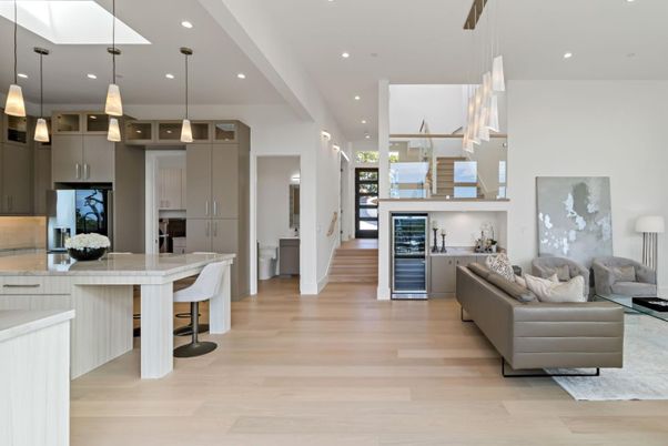 Interior, Kitchen, Living room, Pendant Lights, Recessed Lighting, Wood Texture Flooring