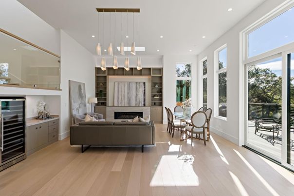 Dining room, Fireplace, Interior, Living room, Pendant Lights, Recessed Lighting, Wood Texture Flooring