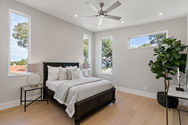 Bedroom, Interior, Recessed Lighting, Wood Texture Flooring
