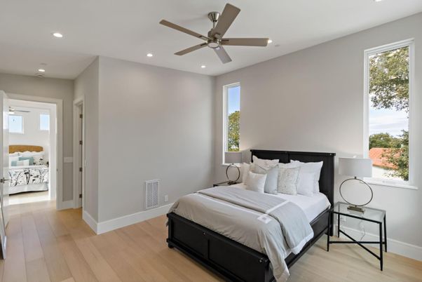 Bedroom, Interior, Recessed Lighting, Wood Texture Flooring