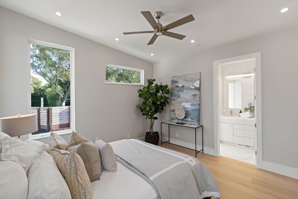 Bedroom, Interior, Recessed Lighting, Wood Texture Flooring