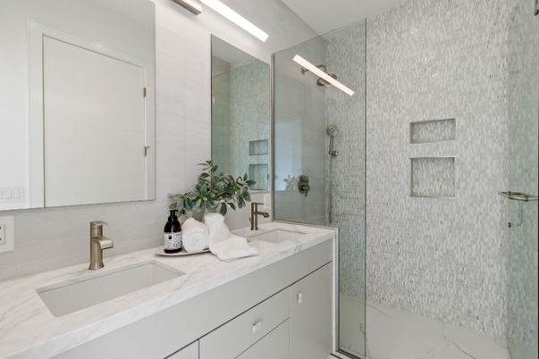 Bathroom, Dual Sink Vanities, Glass Shower, Interior, Marble