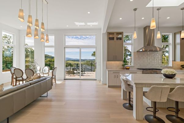 Dining room, Interior, Kitchen, Pendant Lights, Recessed Lighting, Wood Texture Flooring