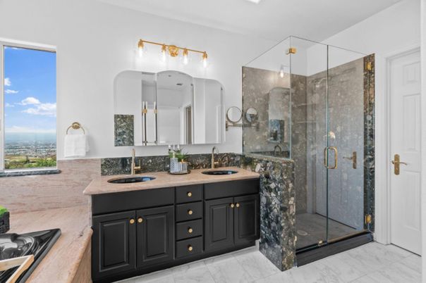 Bathroom, Dual Sink Vanities, Glass Shower, Interior, Marble