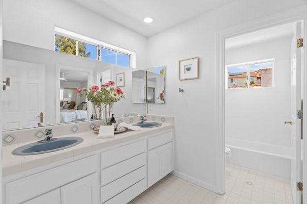 Bathroom, Dual Sink Vanities, Interior, Recessed Lighting, Tile Countertops