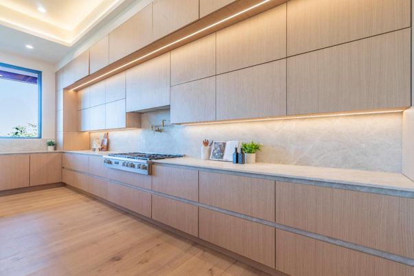 Interior, Kitchen, Recessed Lighting, Stainless Steel Appliances, Wood Texture Flooring