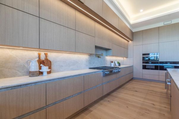 Interior, Kitchen, Recessed Lighting, Stainless Steel Appliances, Wood Texture Flooring