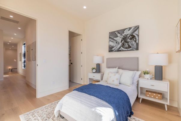 Bedroom, Interior, Recessed Lighting, Wood Texture Flooring