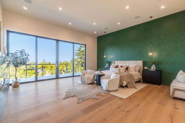 Bedroom, Interior, Pendant Lights, Recessed Lighting, Wood Texture Flooring