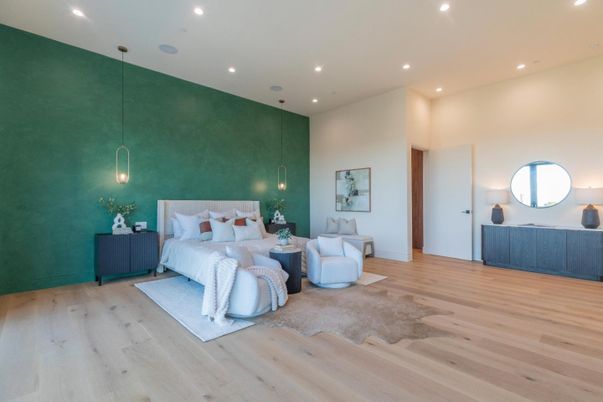 Bedroom, Interior, Pendant Lights, Recessed Lighting, Wood Texture Flooring