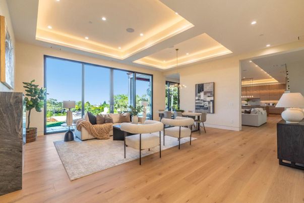 Dining room, Interior, Living room, Recessed Lighting, Wood Texture Flooring