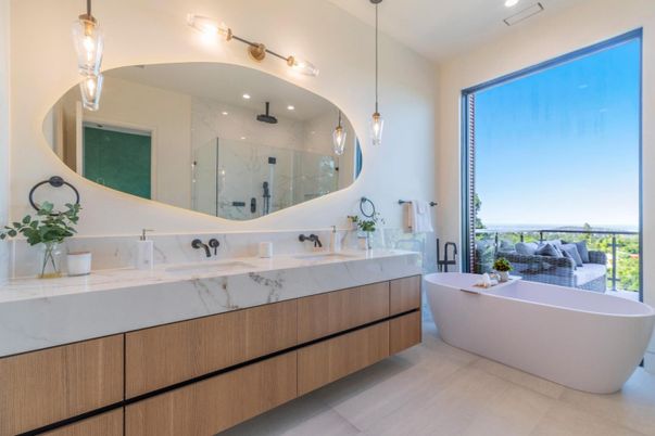 Bathroom, Dual Sink Vanities, Free Standing Baths, Glass Shower, Interior, Marble Walls, Pendant Lights, Recessed Lighting