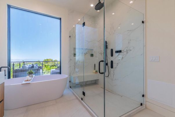 Bathroom, Free Standing Baths, Glass Shower, Interior, Marble Walls, Recessed Lighting