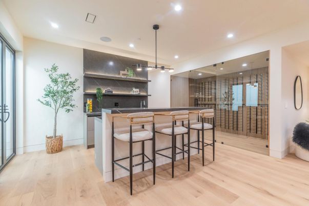 Interior, Kitchen, Pendant Lights, Recessed Lighting, Wine Storage, Wood Texture Flooring