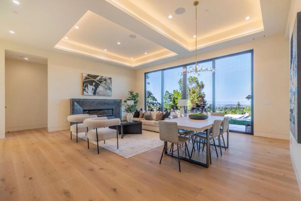 Dining room, Fireplace, Interior, Living room, Pendant Lights, Recessed Lighting, Wood Texture Flooring