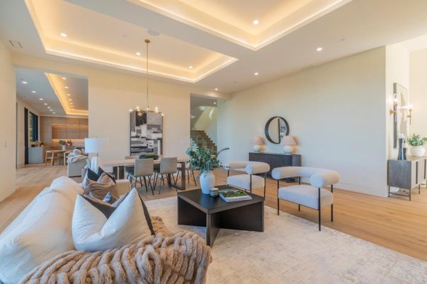 Chandelier, Dining room, Interior, Kitchen, Living room, Pendant Lights, Recessed Lighting, Wood Texture Flooring