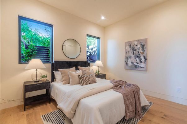 Bedroom, Interior, Recessed Lighting, Wood Texture Flooring