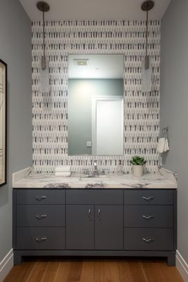Bathroom, Dual Sink Vanities, Interior, Pendant Lights, Wood Texture Flooring