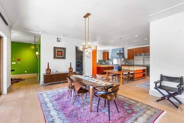 Chandelier, Dining room, Interior, Kitchen, Pendant Lights, Recessed Lighting, Stainless Steel Appliances, Wood Texture Flooring