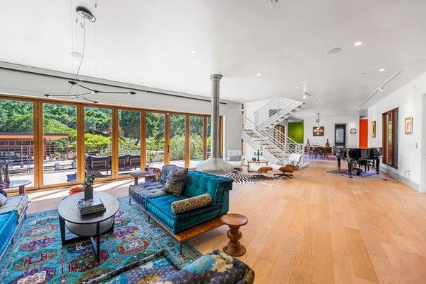 Dining room, Interior, Living room, Pendant Lights, Piano, Recessed Lighting, Wood Texture Flooring