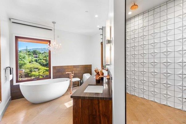Bathroom, Chandelier, Free Standing Baths, Interior, Recessed Lighting, Wood Texture Flooring