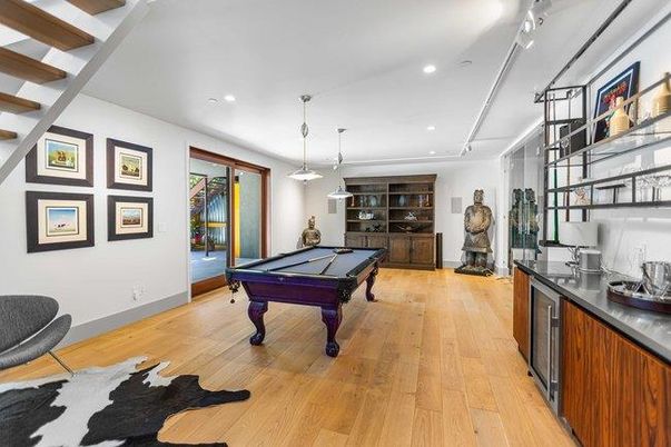 Billiard Table, Game Room, Interior, Pendant Lights, Recessed Lighting, Wood Texture Flooring
