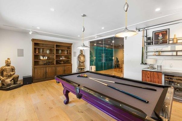 Billiard Table, Game Room, Interior, Pendant Lights, Recessed Lighting, Wood Texture Flooring