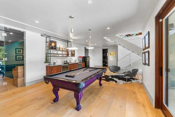 Billiard Table, Game Room, Interior, Pendant Lights, Recessed Lighting, Wood Texture Flooring