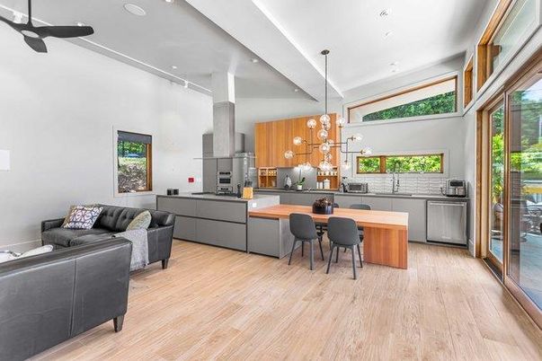 Dining room, Interior, Kitchen, Living room, Pendant Lights, Recessed Lighting, Stainless Steel Appliances, Wood Texture Flooring