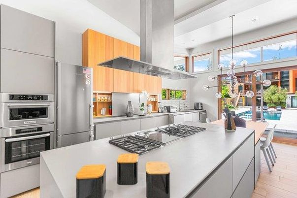 Interior, Kitchen, Pendant Lights, Stainless Steel Appliances, Wood Texture Flooring