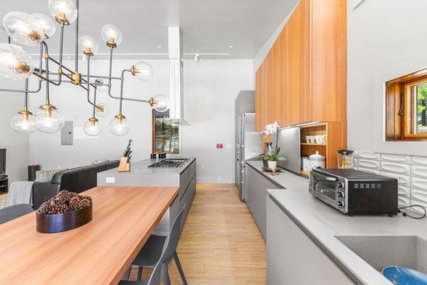 Interior, Kitchen, Pendant Lights, Recessed Lighting, Wood Texture Flooring
