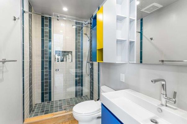 Bathroom, Glass Shower, Interior, Recessed Lighting, Wood Texture Flooring