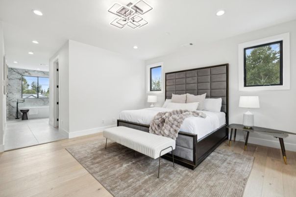 Bathroom, Bedroom, Interior, Marble Walls, Recessed Lighting, Wood Texture Flooring