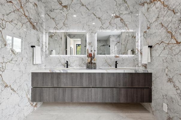 Bathroom, Dual Sink Vanities, Interior, Marble, Marble Walls, Recessed Lighting