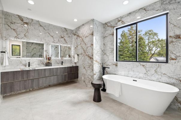 Bathroom, Dual Sink Vanities, Free Standing Baths, Interior, Marble, Marble Walls, Recessed Lighting