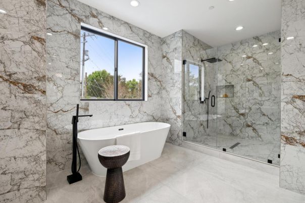 Bathroom, Free Standing Baths, Glass Shower, Interior, Marble, Marble Walls, Recessed Lighting