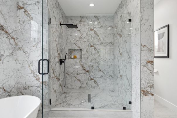 Bathroom, Free Standing Baths, Glass Shower, Interior, Marble, Marble Walls, Recessed Lighting
