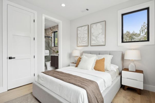 Bedroom, Interior, Recessed Lighting, Wood Texture Flooring