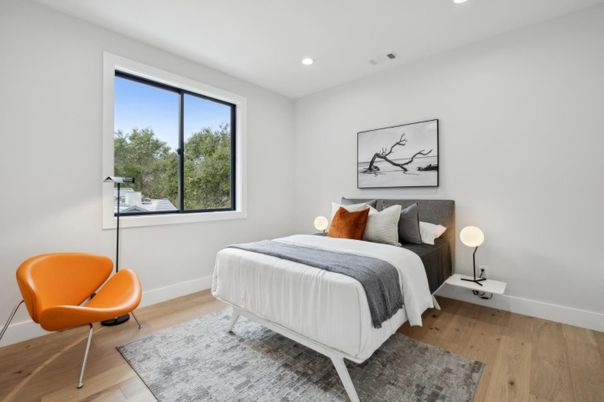 Bedroom, Interior, Recessed Lighting, Wood Texture Flooring
