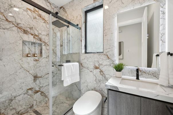 Bathroom, Glass Shower, Interior, Marble Walls, Recessed Lighting