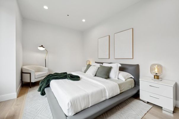 Bedroom, Interior, Recessed Lighting, Wood Texture Flooring