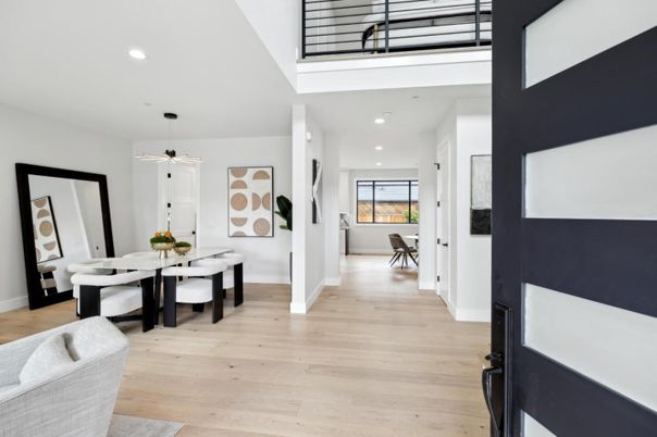 Dining room, Interior, Pendant Lights, Recessed Lighting, Wood Texture Flooring