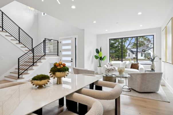 Dining room, Interior, Living room, Recessed Lighting, Wood Texture Flooring