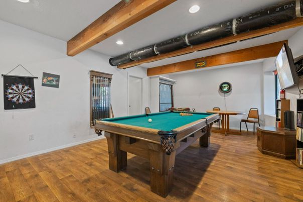 Billiard Table, Game Room, Interior, Recessed Lighting, Wooden Beams, Wood Texture Flooring